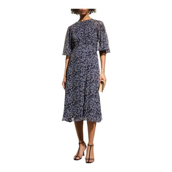 Teri jon by Rickie Freeman Blue Printed Chiffon Capelet Dress Size 4 NWT - Picture 1 of 5